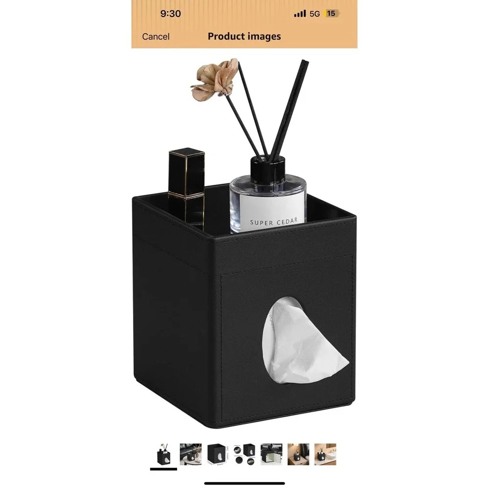 Black Faux Leather Tissue Box Cover Vanity Organizer Tray Cube Side Dispenser